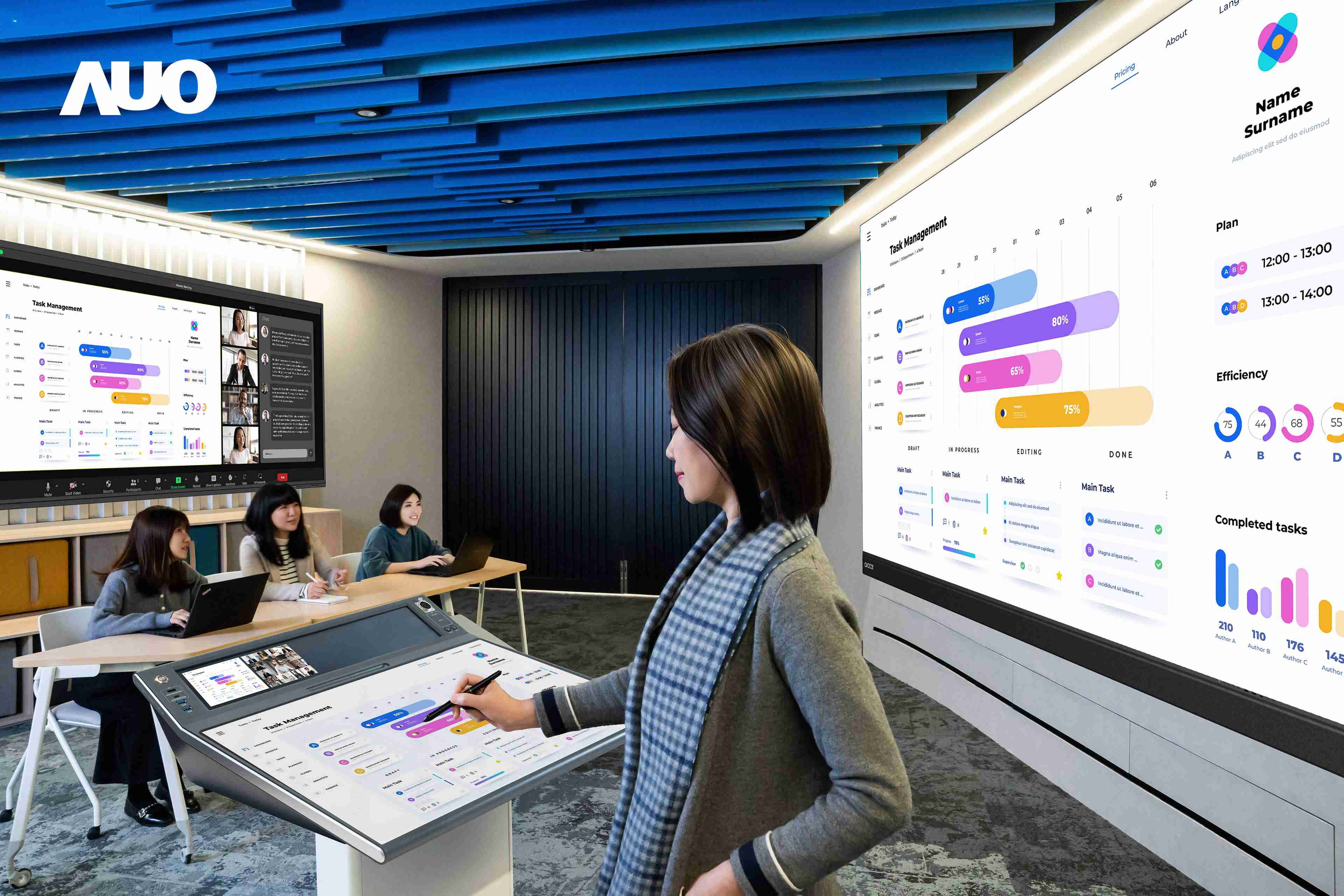 达擎携手Avocor与Rise Vision展示全方位商务领域应用，，，包含采用模块化设计的138吋一体式All-in-One LED显示器及具21:9超宽比例的92吋交互式电子白板（IFPD），，，，讲者可轻松分享内容，，，有效提升会议协作效率。。